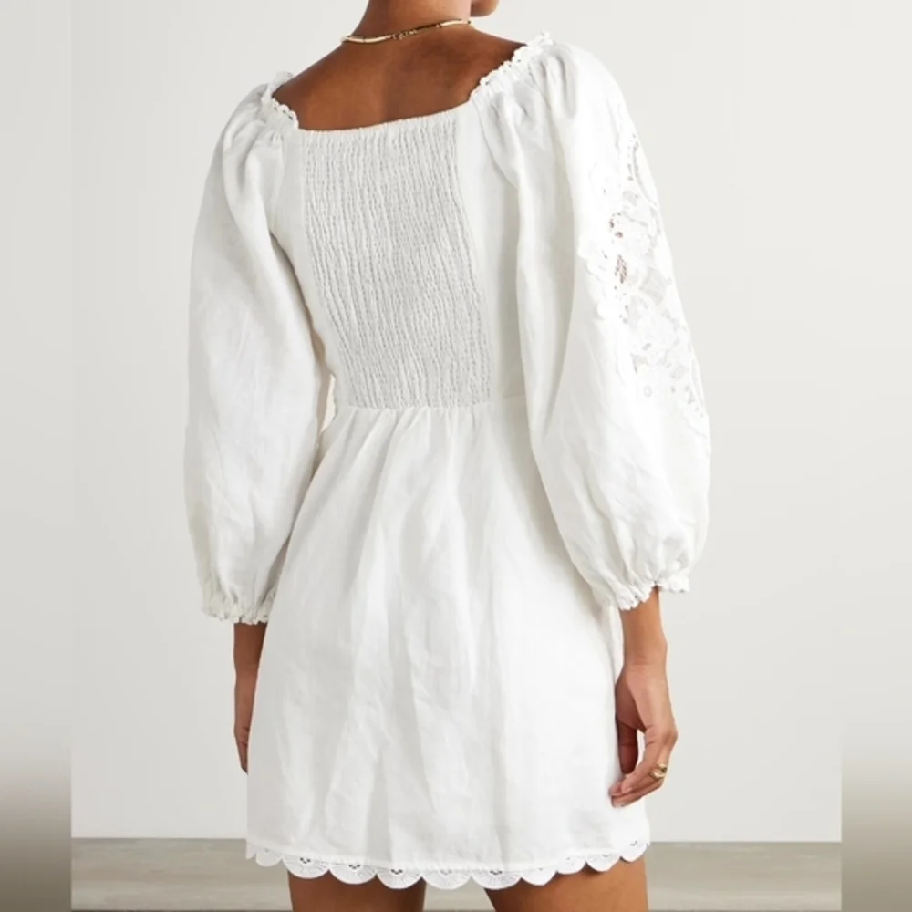 FARM RIO Scalloped Broderie Mini Dress sz Large L‎ Anglaise-trimmed Linen Cream - Picture 2 of 9